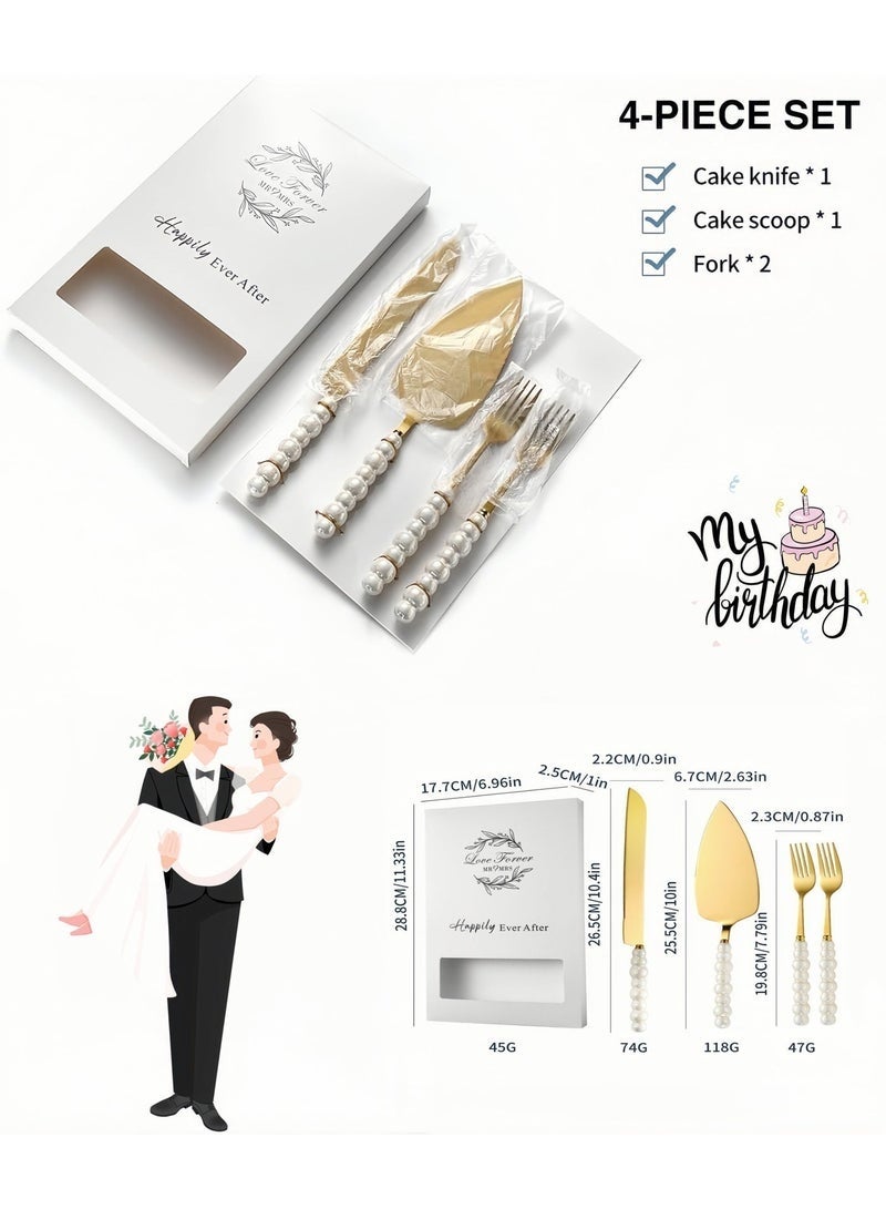 YSR VEF 4 PCS Pearl Cake Serving Set,Wedding Cake Knife and Server Set with Forks,Cake Cutting Set with Stainless Steel Serrated Edges Pearl Handle Cake Cutting Set ,Stainless Steel PieCutter Pizza Spatula, Wedding/Birthday/Anniversary Bridal Gift, Engagement Gift for Couples (Gold) - Image 2